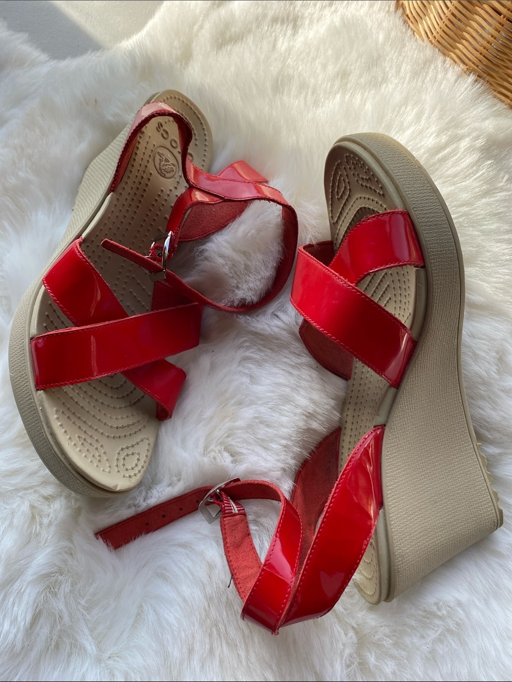 CROCS Red Patent Wedge Sandals
